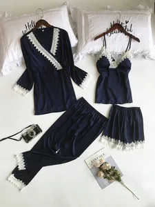 Lisacmvpnel 4 шт. кружевной сексуальный халат наборы на тонких бретельках + кардиган + брюки комплект сексуальные модные пижамы для женщин