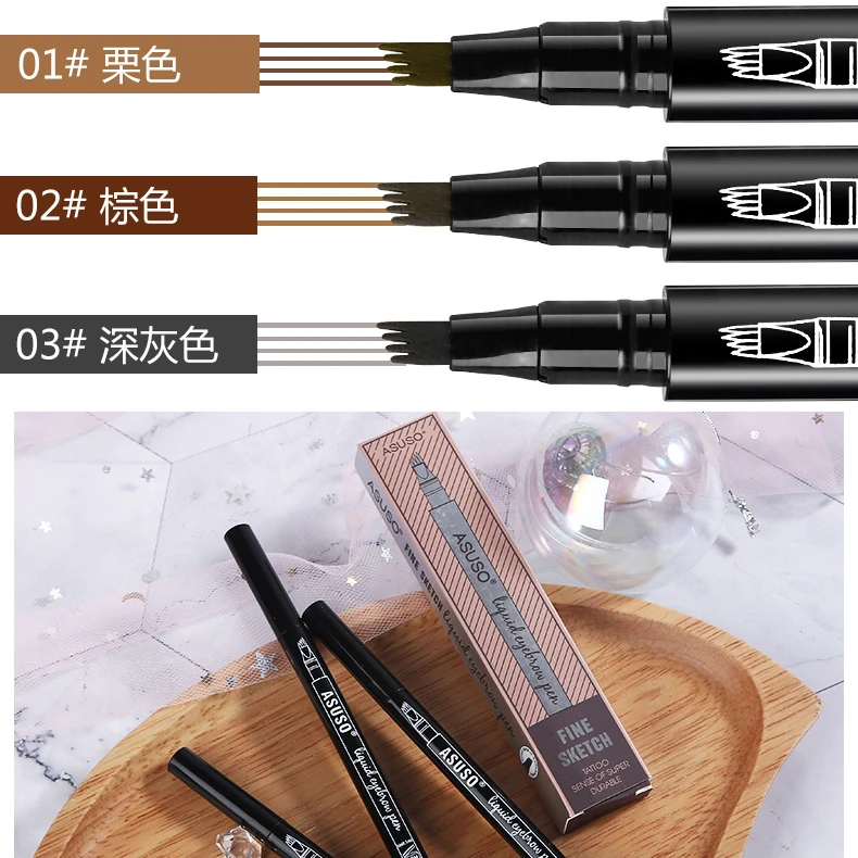 Waterproof Natural Fork Tip Eyebrow Tattoo Pen Eye Brow Tint Makeup Four Colors Pencil Brown Black Grey Brush | Красота и здоровье