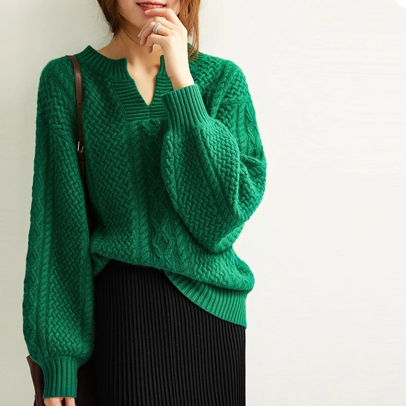 pure goat cashmere twisted knit women pullover sweater emerald green Vneck lantern sleeve XS-3XL wholesale retail customize | Женская