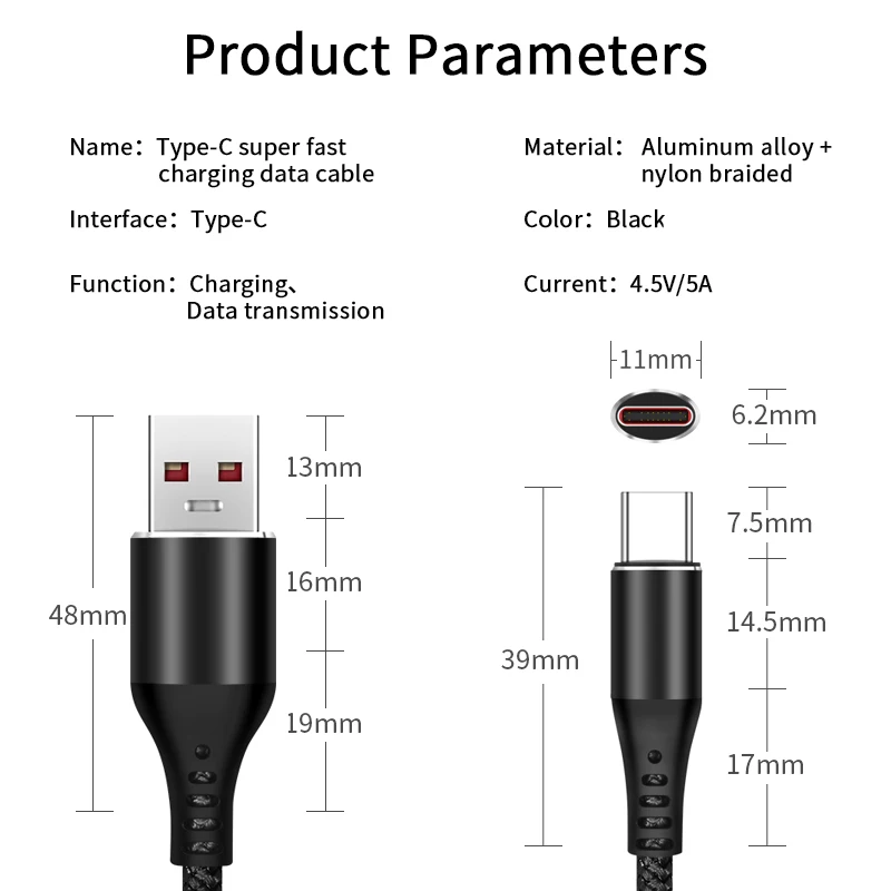 Телефонный кабель 5A для Xiaomi Type C 6 6X 8 Se Max Mix 2 3 5X адаптер зарядного устройства с