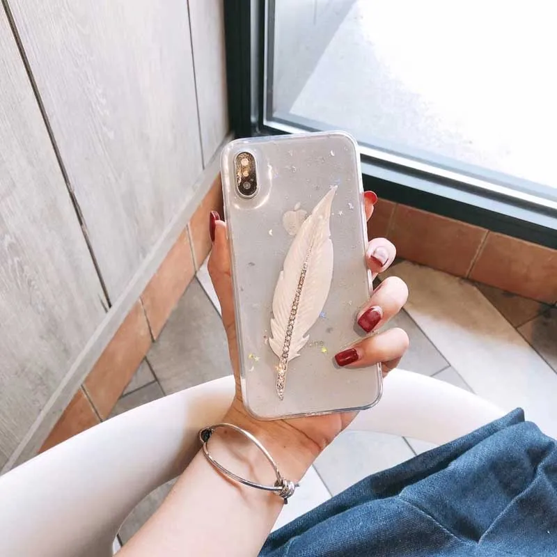 Роскошный чехол с перьями для iPhone X Блестящий Мягкий силиконовый 6 6S 7 8 Plus
