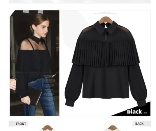 

Autumn Fashion Women Sexy Pure Color Mesh Strapless Large Ruffles Blouse Elegant Turn-down Collar Work Chiffon Ladies Shirt Tops