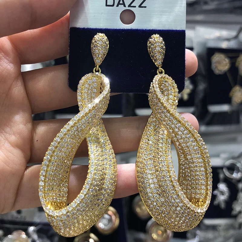 Dazz Роскошные блестящие геометрические серьги с подвеской для женщин, крученые украшения для свадебной вечеринки, полностью стерео циркониевые серьги в нигерийском стиле