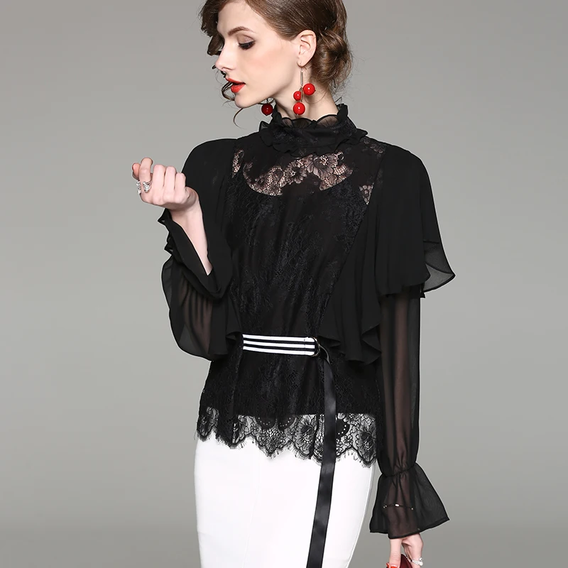 Sexy Perspective Falbala Ladies Blouse Lace Patchwork Ruffled Lantern Sleeve Pure Color Women C594 | Женская одежда