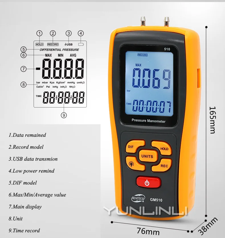 Portable Digital LCD display Pressure manometer Max 50KPa differential pressure gauge | Инструменты