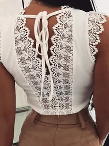 2020 Летняя женская элегантная Базовая рубашка, женская сексуальная Рабочая блуза с круглым вырезом, женская модная кружевная блузка без рукавов