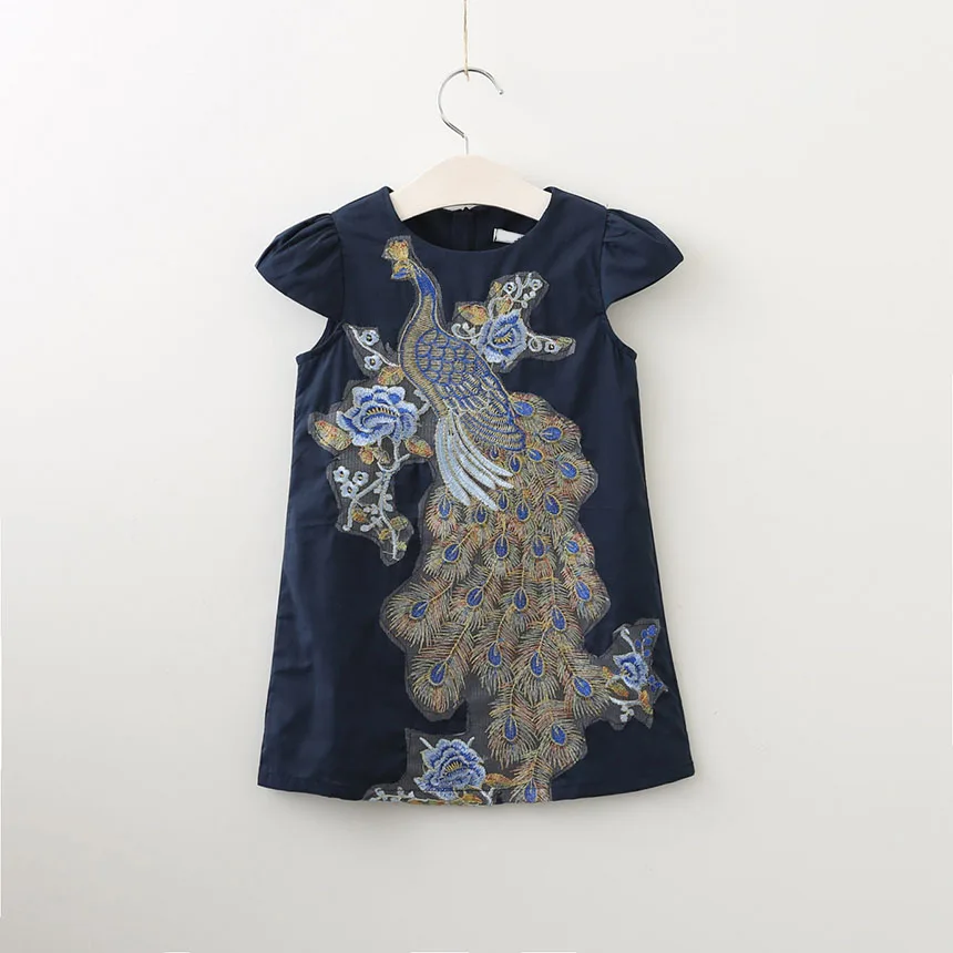 Dark blue Новинка; стильные платья для сестер; одежда для семьи; платье с вышивкой павлина; одежда с короткими рукавами для семьи; Одежда для девочек; Цвет Синий - Цвет: Dark blue
