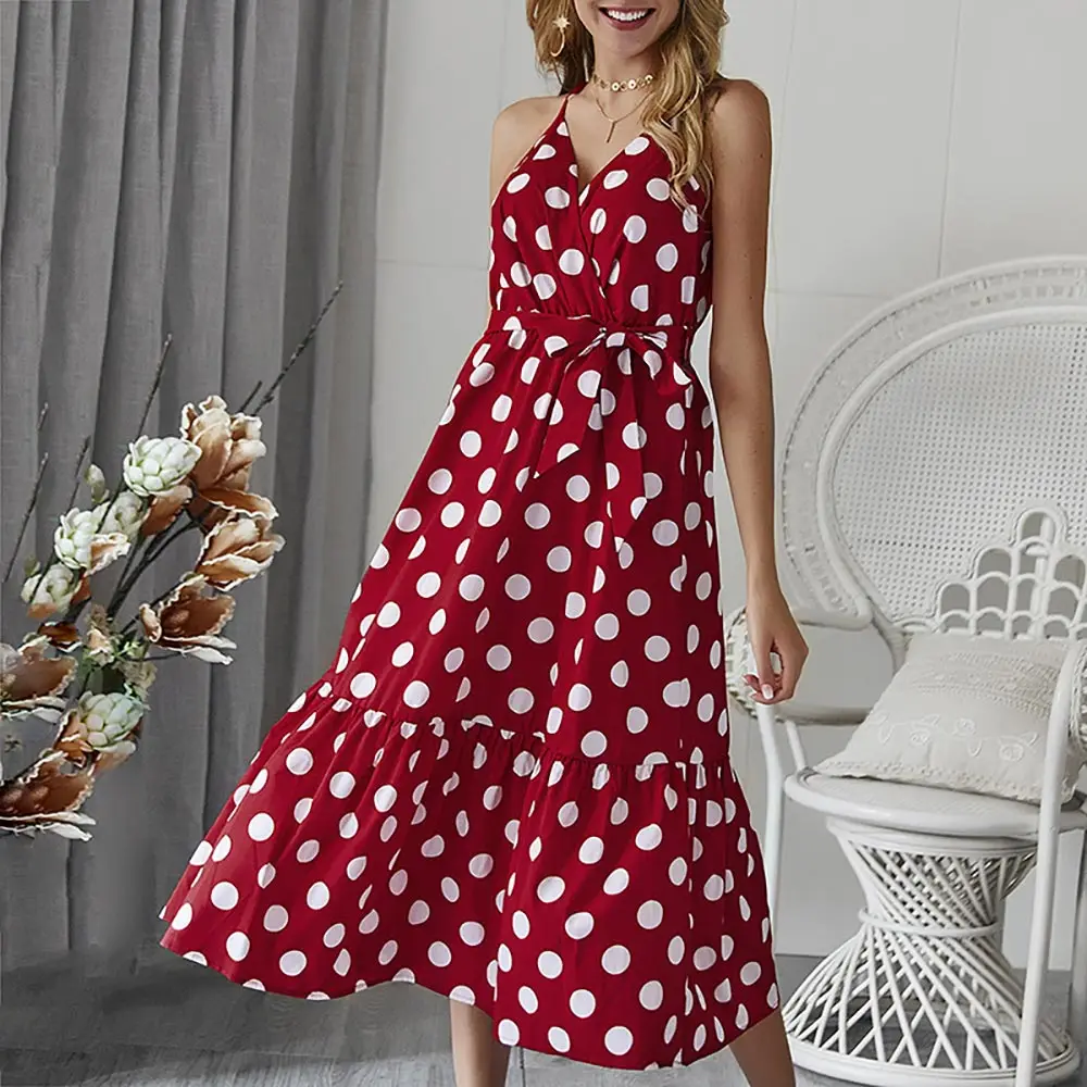 WildPinky Для женщин Boho горошек летнее пляжное платье миди Вечеринка v образным