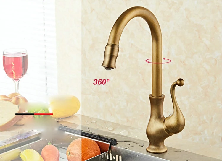 kitchen sink faucet retro style antique solid brass hot and cold water single lever deck mounted brushed mixer tap rotatable free global shipping