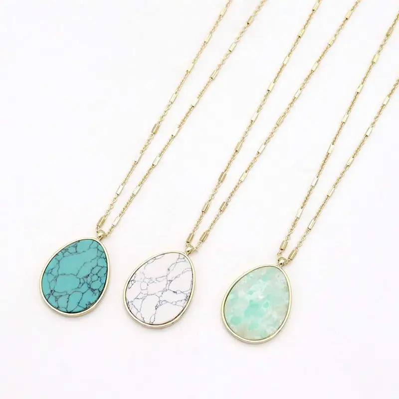 

ZWPON 2019 Hot Selling Gold Frame Oval Stone Pendant Necklace for Women Fashion Natural Stone Long Necklace Jewelry Wholesale