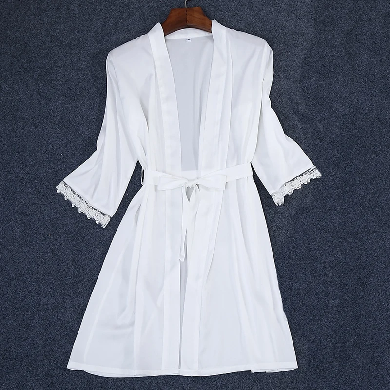 Шелковый полиэстер с коротким рукавом кружевные манжеты однотонные халаты