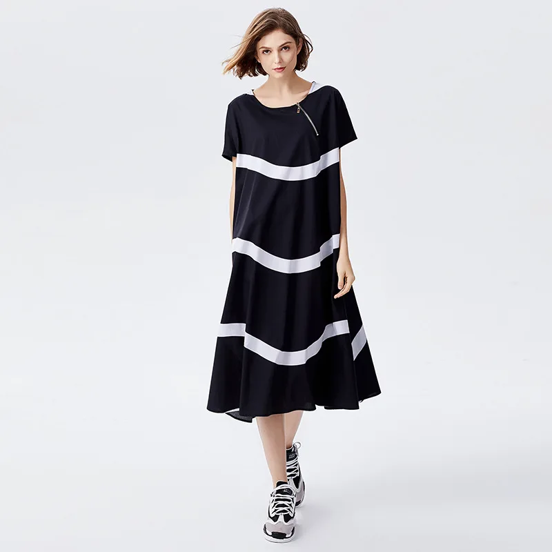 Новое модное Хлопковое платье с круглым вырезом женское свободное черно-белое