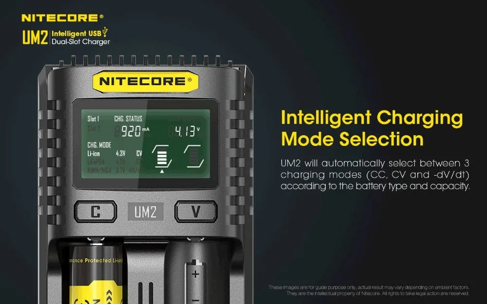 Nitecore UM2 USB Двухслотовое QC зарядное устройство интеллектуальная схема глобальная страховка Li-Ion AA 18650 20700 26500 26650 зарядное устройство