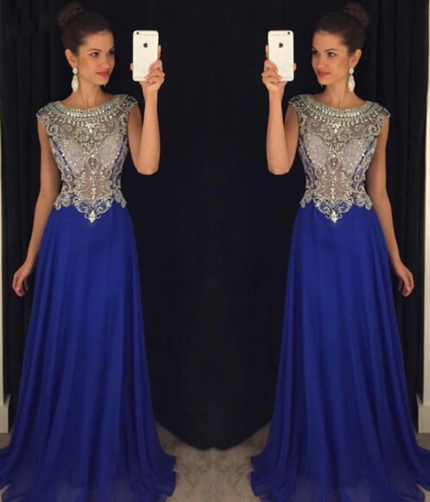 Кристаллы Бисером Scoop Вечерние Платья Королевский Синий Длинные Иллюзия Назад с