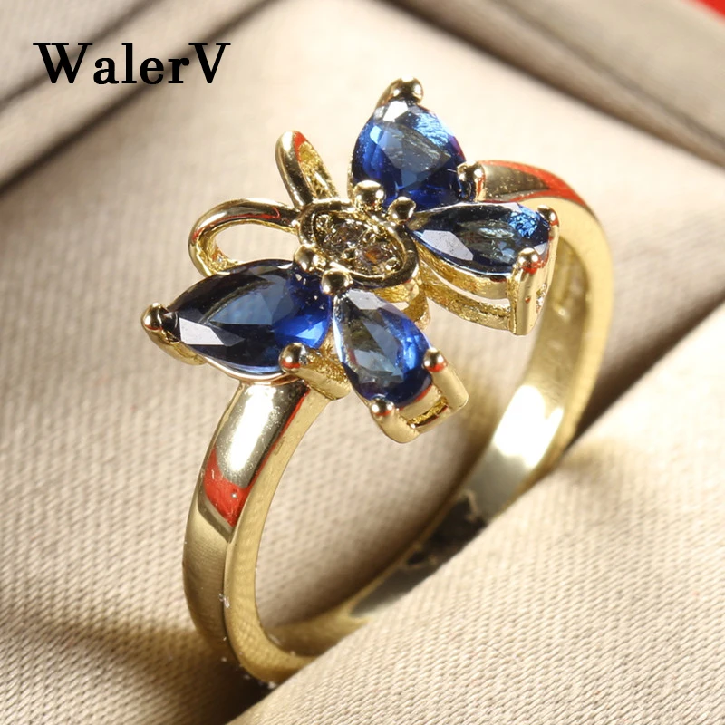 Женское кольцо в форме бабочки WalerV модное очаровательное золотого цвета с синими