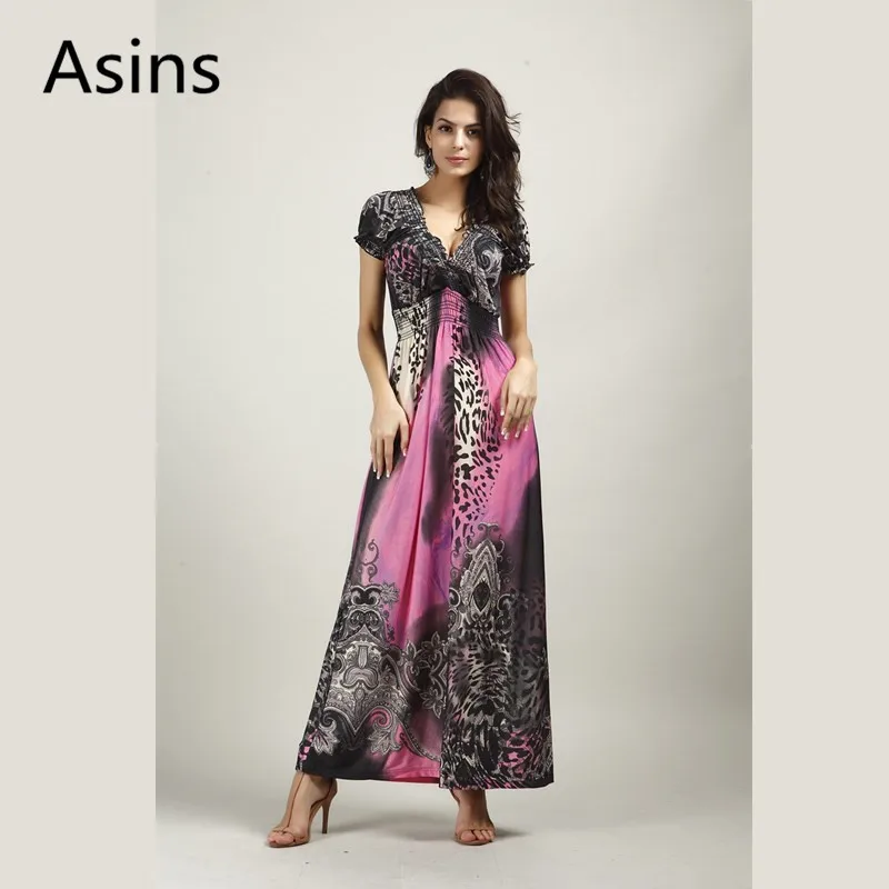 

Asins Bohemian style dress woman 2019 summer new hot casual fashion v neck high waist printing wild large size sexy long dresses