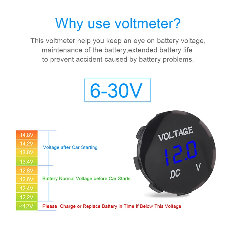 ADPOW водонепроницаемый DC 12V 24V Мотоцикл лодка автомобиль цифровой вольтметр