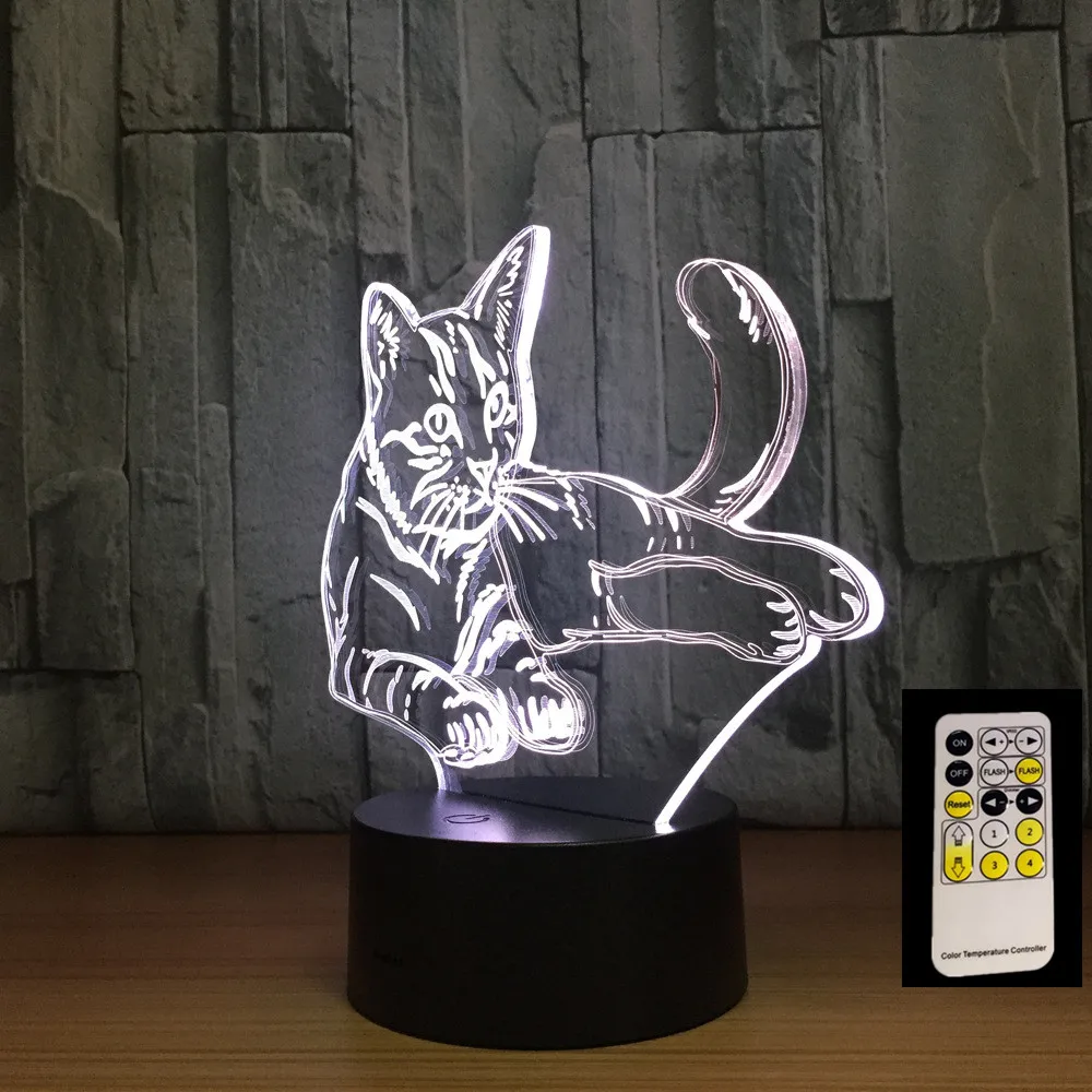 Пульт дистанционного управления лежащий Кот 7 цветов 3D светодиодный ночник USB 3AA