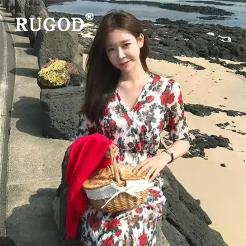 Женское платье с цветочным принтом RUGOD Вечернее приталенное v-образным вырезом на