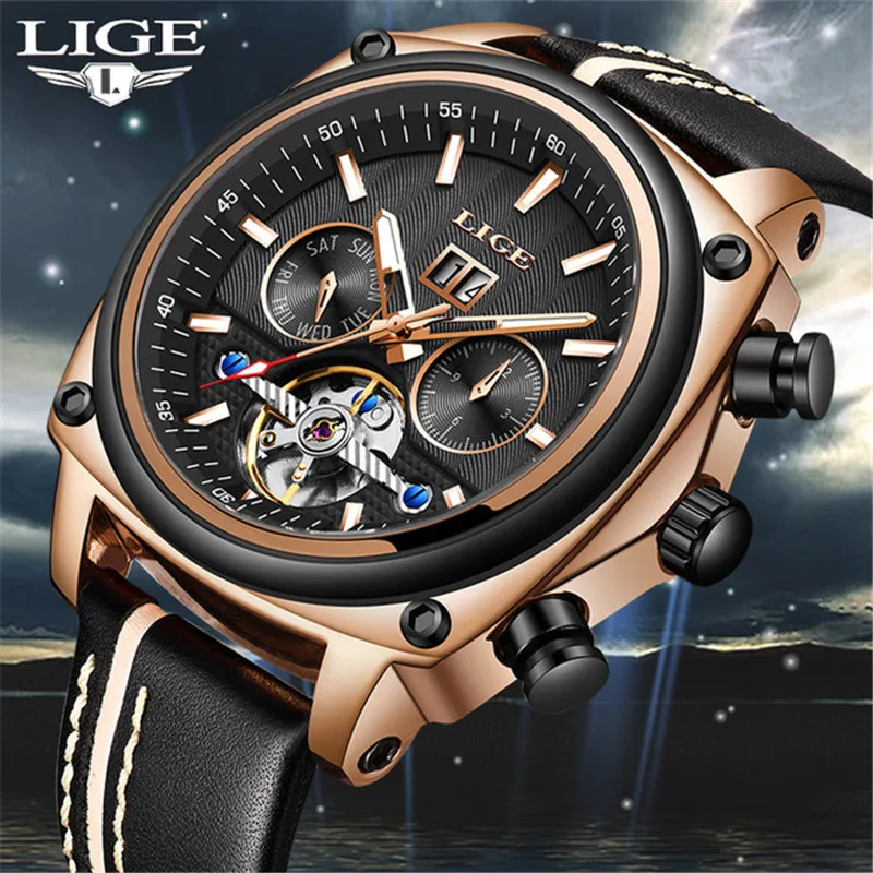 LIGE Брендовые мужские часы автоматические механические Tourbillon спортивные кожаные