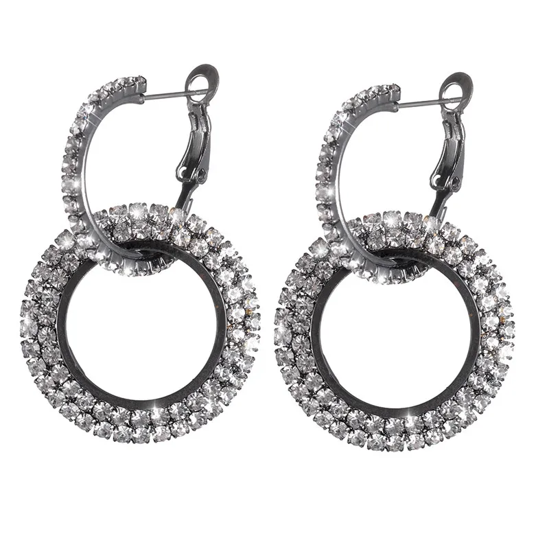 1 Pair Two Round Elegant Luxury Glitter Rhinestone Ear Stud Earrings Crystal Drop Dangle Women For Girl Fashion | Украшения и