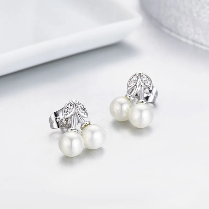 Милые белого золота Цвет Pave CZ Белый перламутр двойной вишня Серьги гвоздики для