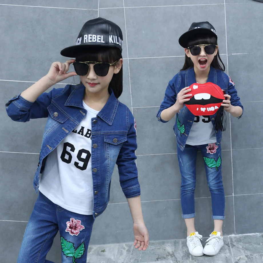 2018 детский комплект одежды для девочек джинсовая куртка + джинсы детская одежда