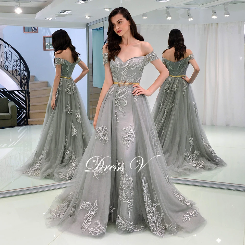 Dressv серое вечернее платье с открытыми плечами, узкое платье с аппликацией и поясом, длина до пола, свадебное вечернее платье, вечернее платье es