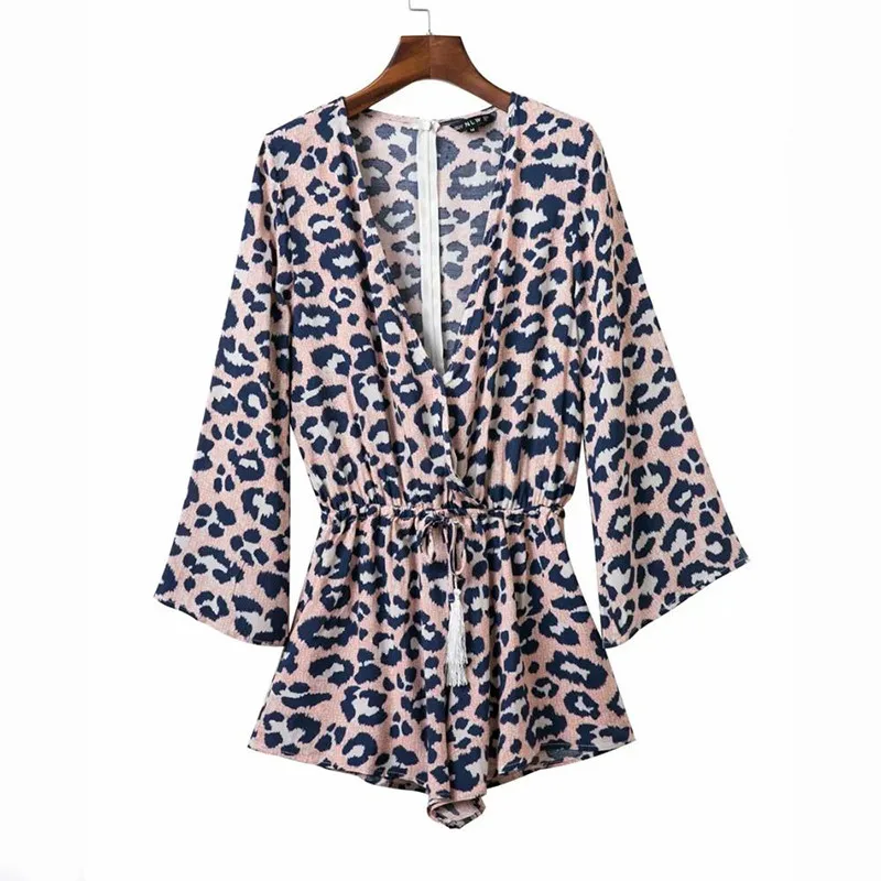 Yinlinhe Leopard Короткий комбинезон женские Комбинезоны Длинные рукава сексуальный v