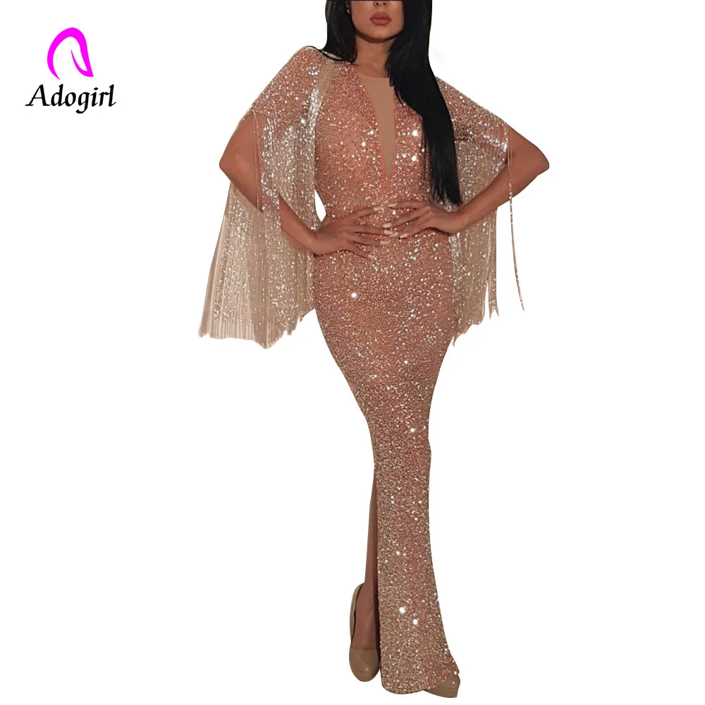 Adogirl из розового золота сверкающих лоскутное Ленточки платье для банкета