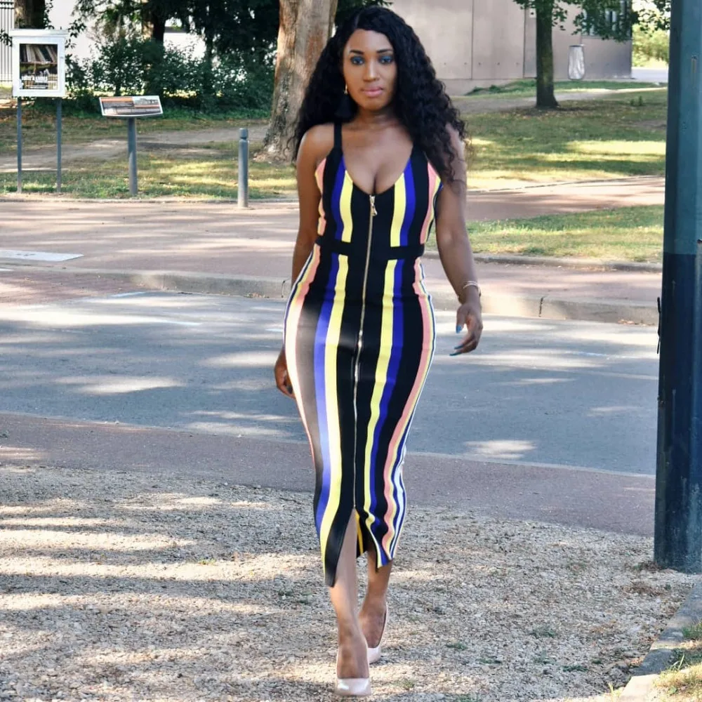 

Summer New High Street Slim Spaghetti Strap Stripes Both Sides Women Midi Bandage Dresses Mid-Calf Holidays Daily Wear Dress