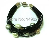 8 inches 8 rows black leather 10 11 mm natural multicolor pearl leather bracelet