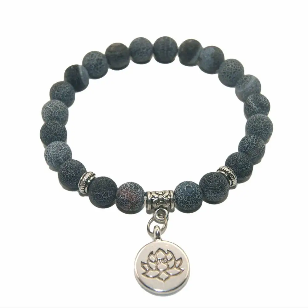 Black Agate Бусы из натурального камня лотоса Будды аметисты Агаты лазурит тигровый глаз бирюза браслет для женщин мужчин Йога браслет Femme - Окраска металла: Black Agate