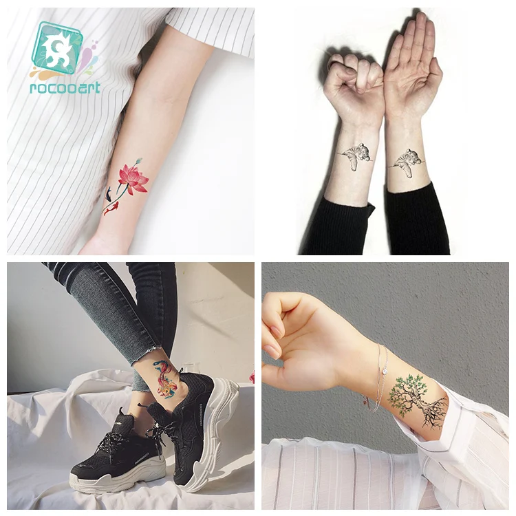 Rocooart, милые кошки, тату, дерево, цветок, Временные татуировки, наклейки для взрослых, ручная Татуировка для женщин, поддельные татуировки для мужчин, татуировки, новые татуировки