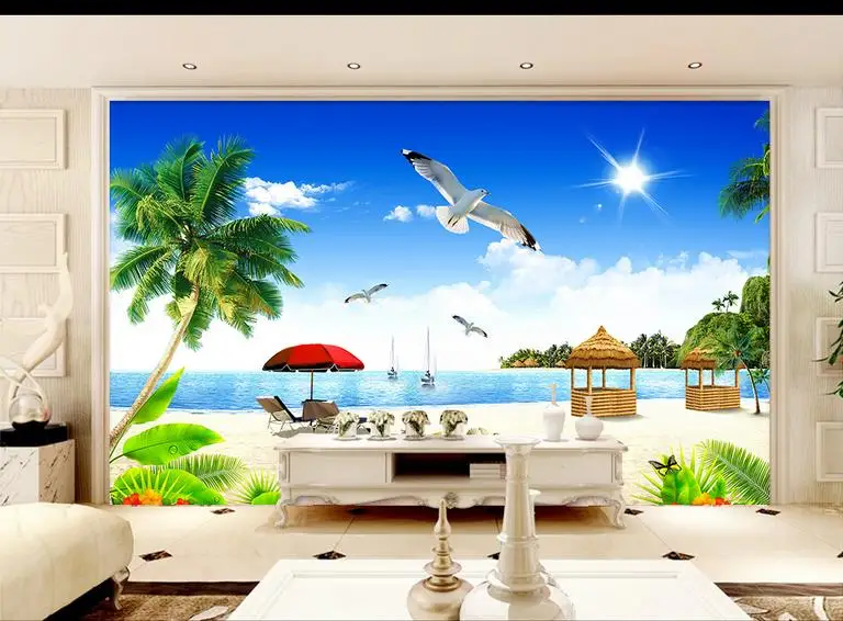 

Custom 3d photo wallpaper 3d wall mural wallpaper TV setting wall beach seascape coconut trees scenery 3d living room wall decor