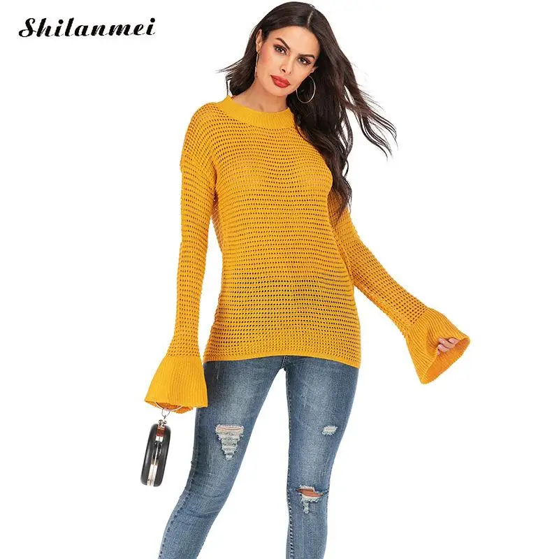 

2019 Women Sweater Spring Long Sleeve Korean Style Knitted Sweater Women Autumn Flare Sleeve Solid Hollow Out Basic Slim Jumper