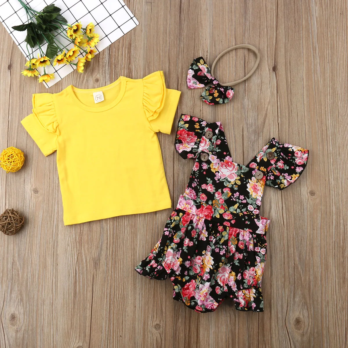Комплект одежды для маленьких девочек с цветочным рисунком топ футболка Ромпер