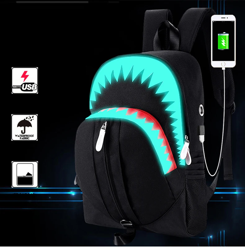 Мужской модный рюкзак с usb-зарядкой, светящийся в темноте, рюкзак для ноутбука с акулой, нагрудная сумка для подростков, школьная сумка, дорожная сумка, черный цвет