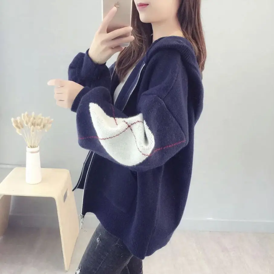 Short Thick Knit Cardigan 2019 New Loose Hooded Zipper Sweater Coat Female |