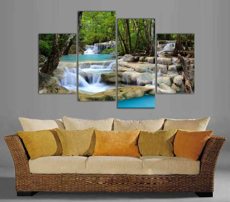

4pcs living room home decor Wall Art Picture printed Waterfall Green Lake landscape oil Painting on Canvas art prints /PT0421