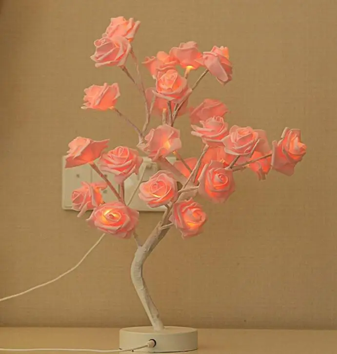 Pink Rose Светодиодный светильник в форме цветка розы в форме дерева с usb-портом и питанием от батареи, декоративный, настольный, светодиодный, для вечеринок, Рождества, свадьбы - Испускаемый цвет: Pink Rose