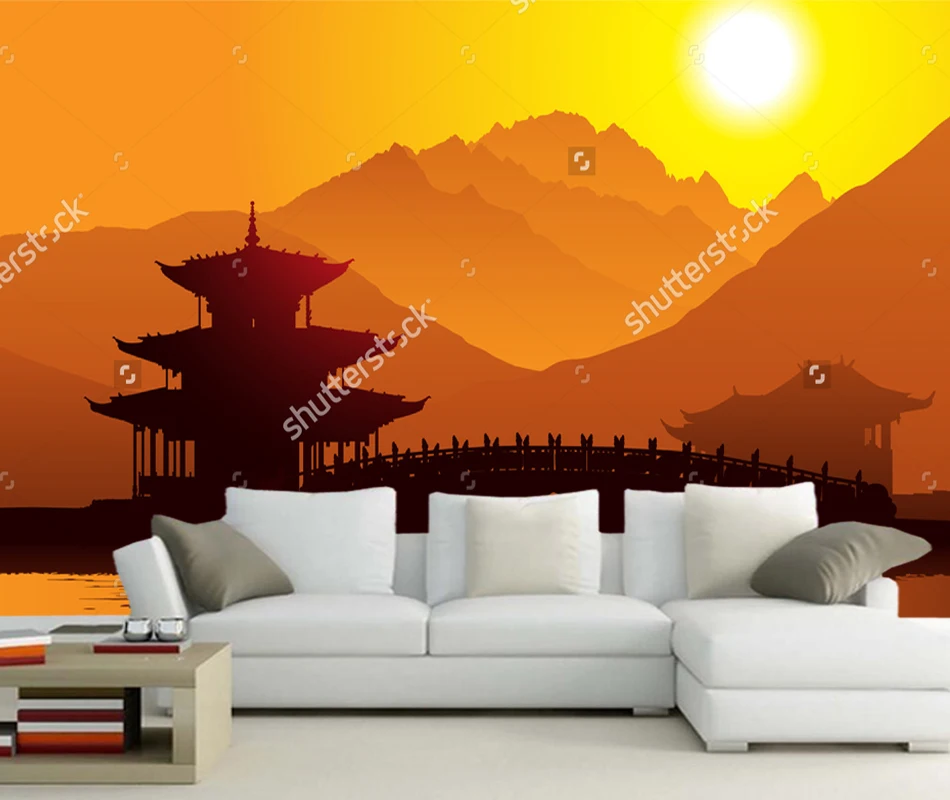 Обои с китайским пейзажем сочетающий в своем закат фото естественно росписи для