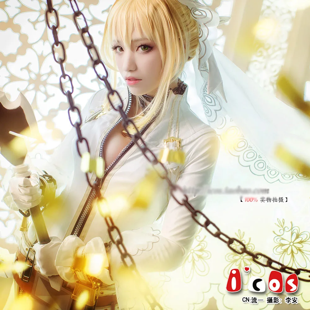 

Anime Fate Extra Saber Nero Wedding Dress Body Suit Cosplay Costume Full Set+Chains Halloween Outfit For Women New