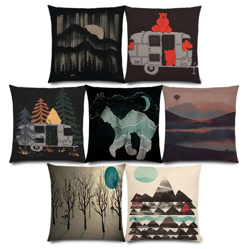 New Bear Wolf Wild Bonfire Forests Night Mountains Rivers Sun Moon Winter Exploration Camp Aurora Cushion Cover Pillow Case | Дом и сад