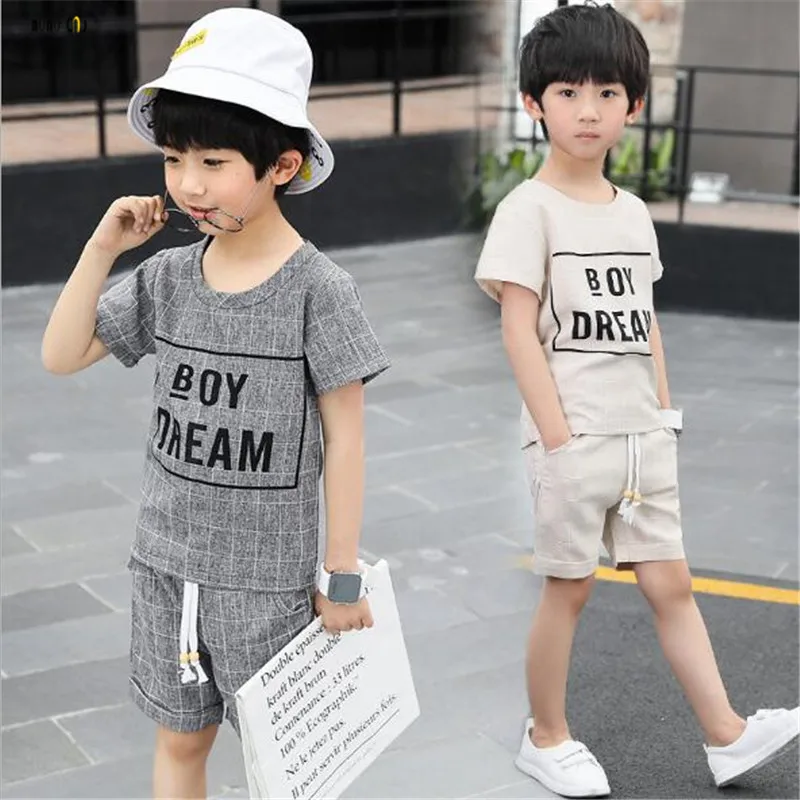 School Boy Sets Summer Tops &amp Pants Casual Letter Short Sleeve Kids Sports Suit Child Clothes 5 6 7 8 9 10 11 12 13 14 Years |