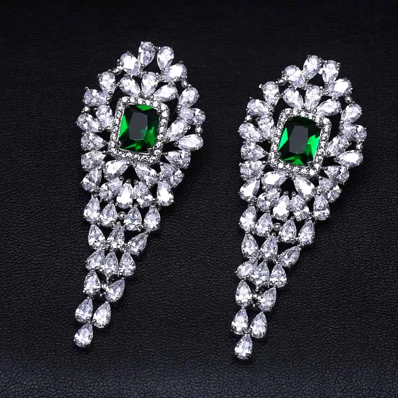 A311G прозрачные и зеленые Висячие длинные серьги для женщин Свадебные трендовые в