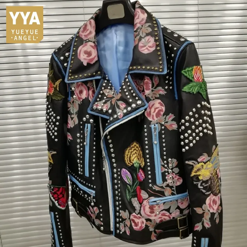 

Runway Women Floral Printed Rivet Motor Biker Sheepskin Genuine Jacket Colorful Embroidery Italy Designer Gothic Coat Chaqueta