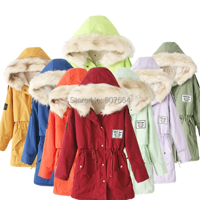Elexs New Fashion Winter Women Fur Hooded Zipper Embellished Fleece Inside Military Casual Coat outerwear Parkas | Женская одежда