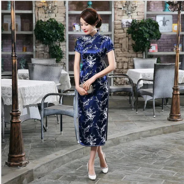 Navy Blue Красное китайское женское платье, винтажное, атласное, Qipao, сексуальное, длинное, тонкое, Cheongsam, горячая Распродажа, Цветочное платье, Размеры s m XL XXL 3X4XL 5XL 6XL JA13 - Цвет: Navy Blue