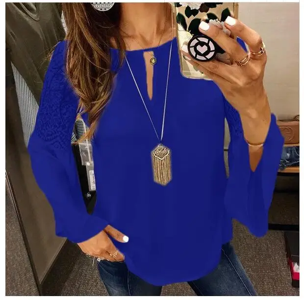 5XL Женские шифоновые блузки кружево лоскутное с расклешенными рукавами Blusas